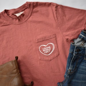 Loving Myself First Pocket Tee Valentine's Day Apparel Inspirational Quote Gift for Her Comfort Colors Self-Love Pocket Tee image 1