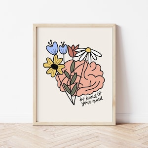 Be Kind To Your Mind Print | Floral Mental Health Wall Art (FRAME NOT INCLUDED)