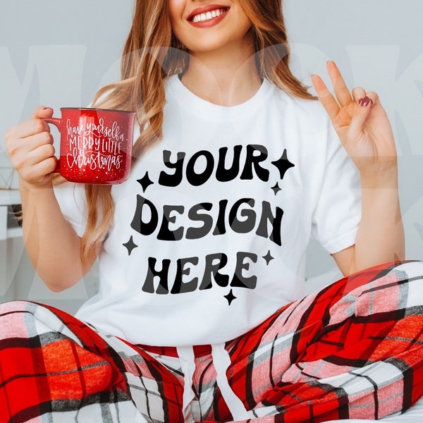 White Comfort Colors 1717 Tshirt Mockup, Female Model Comfort Colors Mocks, Christmas Tshirt Mock up, Lifestyle Mockup