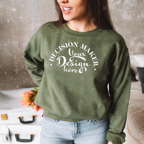 Gildan 18000 Sweatshirt Mockup, Military Green Gildan 18000 Mockup, Sweatshirt Model Mockup, 18000 Crewneck Mock