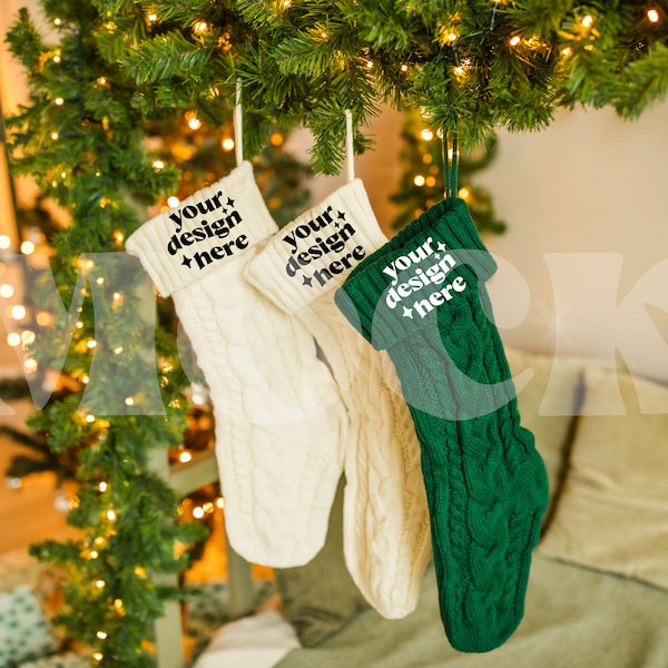 Christmas Stockings Mockup, Christmas Mockup, Family Stockings Mockup, Embroidered Christmas Stocking Mockup, Knitted Stockings Mockup