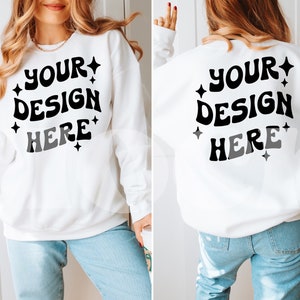 Front and Back 18000 Gildan White Heavy Blend Sweatshirt Mockup, Model Sweatshirt Mock up, 18000 Gildan Sweatshirt Mock Up