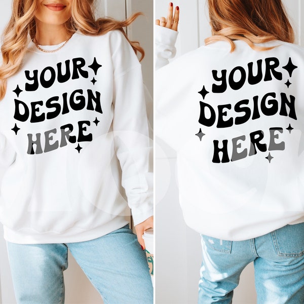 Front and Back 18000 Gildan White Heavy Blend Sweatshirt Mockup, Model Sweatshirt Mock up, 18000 Gildan Sweatshirt Mock Up