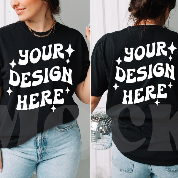 Front and Back Comfort Colors 1717 Tshirt Mockup, Female Model Black Comfort Colors Mocks, Back Tshirt Mock up