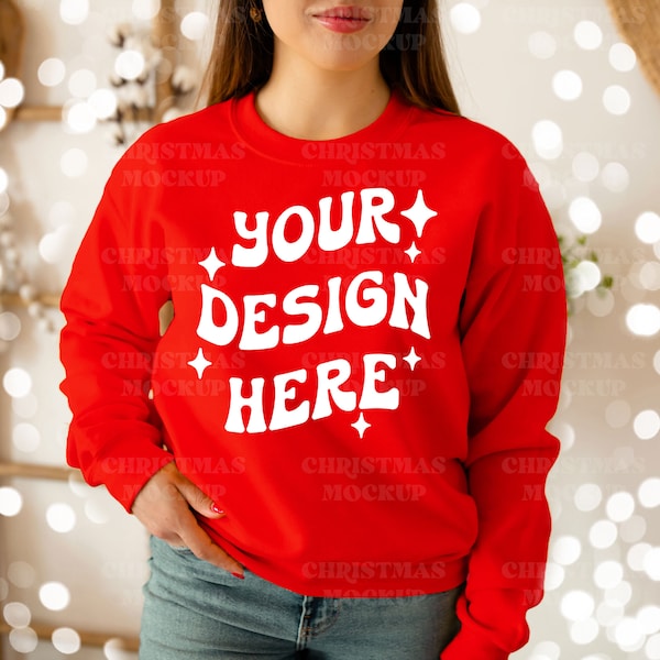 Gildan 18000 Sweatshirt Mockup, Red Christmas Sweater Mockup,  Christmas Gildan Mockup,  Gildan 18000 Christmas Sweater Mockup