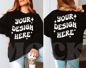 Front and Back 18000 Gildan Black Mockup, Model Sweatshirt Mock up, 18000 Gildan Sweatshirt Mock Up, Fall Mockup, Oversized Mockup