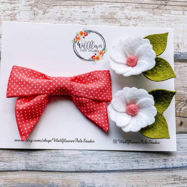 Hair Accessories Set: Hand sewn hair bow and felt flower set