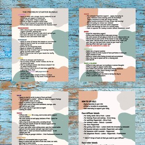 Könnte beinhalten: Ein türkisfarbenes und weißes Informationsblatt mit dem Titel "The Premium Starter Bundle" mit Anweisungen zur Verwendung ätherischer Öle. Enthält Mischungen für verschiedene Zwecke, wie Schlaf, Wellness und saisonale Allergien.