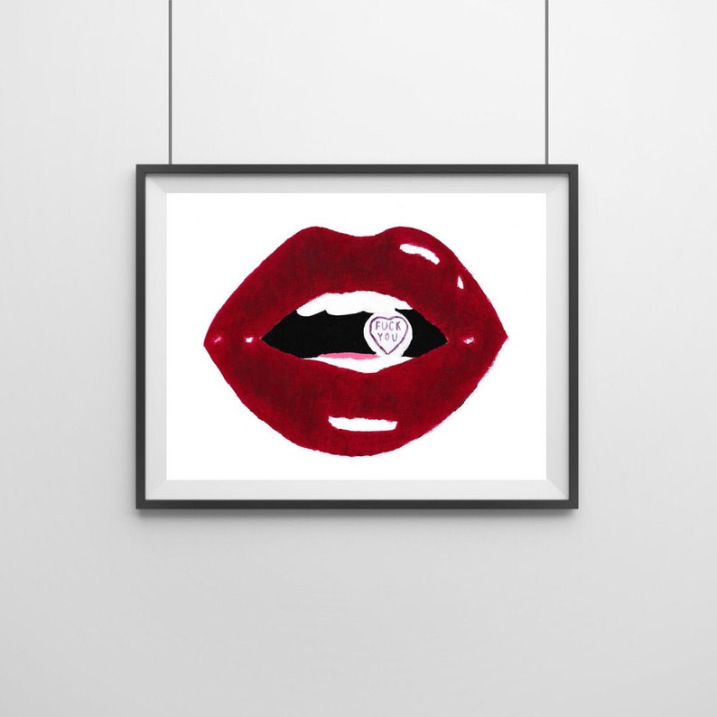 Red lips biting a fuck you kiss me all mine love heart art | Etsy