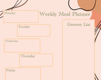 May include: A printable weekly meal planner with a grocery list section. The planner has a peach background with brown and green abstract shapes. The days of the week are listed in a column on the left side of the page.