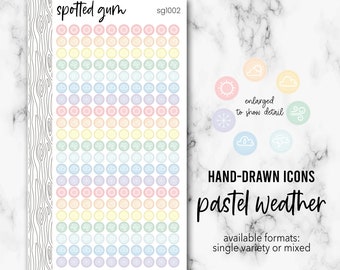 SG1002, Pastel Rainbow Hand-Drawn Mini Weather Dot Planner Stickers, Doodles, Sunny, Shady, Windy