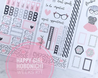 H017, Happy Girl Hobonichi Sticker Planner Kit, Hobo Weeks Kit, Planner Stickers, Hobo Stickers, Bujo Stickers