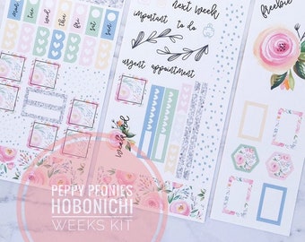 H018, Peppy Peonies Hobonichi Sticker Planner Kit, Pink, Peonies, Hobo Weeks Kit, Planner Stickers, Hobo Stickers, Bujo Stickers