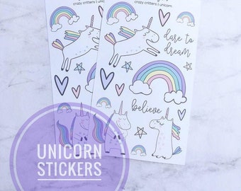 Unicorn Stickers, Rainbows, Dare to Dream, Unicorn Planner Stickers, Hearts, Hobonichi Weeks, Hobo Planner, Bujo, Micro Planner