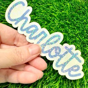 May include: A die-cut sticker featuring the name Charlotte written in a cursive, blue-toned font with a holographic, glittery finish. The letters have a white outline and the sticker is held against a bright green, textured background.