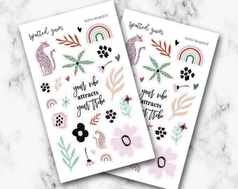 Your Vibe Attracts Your Tribe, Boho Leopard, Floral Leopard Planner Stickers, Succies, Hobonichi Stickers, Planner Stickers,  Bujo