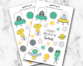 I Don't Believe In Humans, Alien Planner Stickers, Space, Little Green Men, Happy Planner, Hobonichi Stickers, Planner Stickers,  Bujo