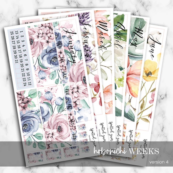 V4 - Hobo Weeks Monthly Kits, January through June Floral Stickers, Hobo Weeks Monthly Stickers, Hobonichi Weeks, Hobonichi Monthly Sticker