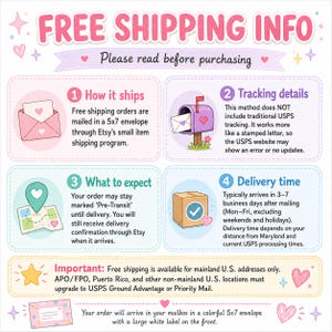 May include: A pastel-colored graphic with the text "FREE SHIPPING INFO" and "Please read before purchasing." The image details shipping, tracking, and delivery information, including a 5x7 envelope and a mailbox illustration.