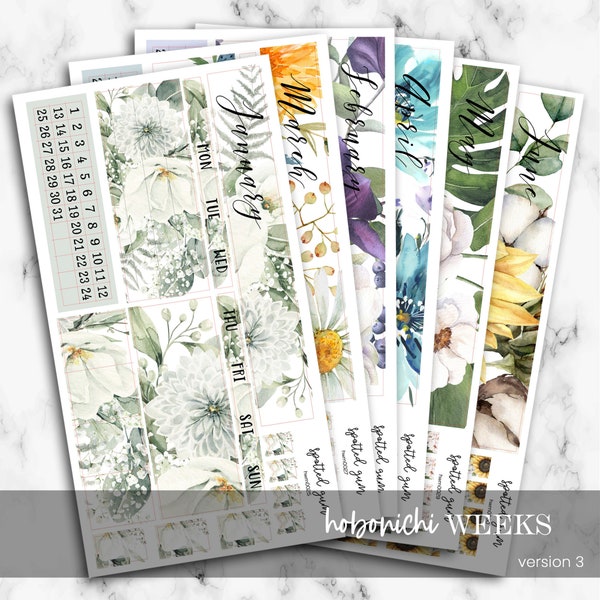 V3 - Hobo Weeks Monthly Kits, January through June Floral Stickers, Hobo Weeks Monthly Stickers, Hobonichi Weeks, Hobonichi Monthly Sticker