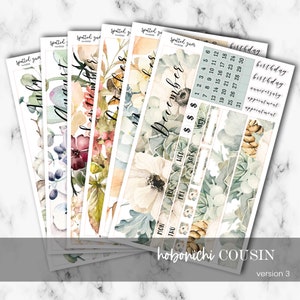 V3 - Hobonichi A5 Cousin Monthly View, July through December Floral Stickers, Hobo Cousin Monthly Stickers, Hobonichi Cousin Kit