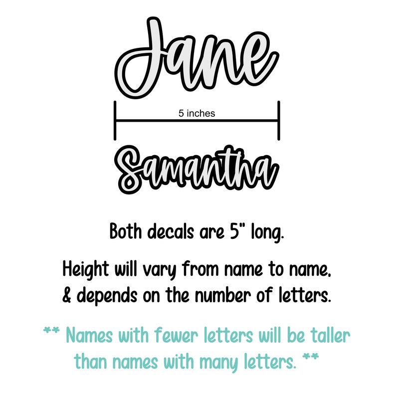 May include: Two name decals, "Jane" and "Samantha", in a cursive font with a black outline. The text "5 inches" is above the "Samantha" name. The text states both decals are 5" long, with height varying based on the number of letters.