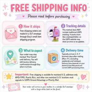 May include: A pastel-colored graphic with the text "FREE SHIPPING INFO" and "Please read before purchasing." The image details how orders ship, tracking, what to expect, and delivery time. Includes illustrations of a mailbox, envelope, and package.