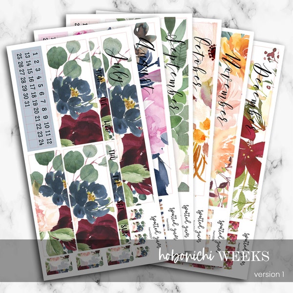 V1 - Hobo Weeks Monthly Kits, July through December Floral Stickers, Hobo Weeks Monthly Stickers, Hobonichi Weeks, Hobonichi Monthly Sticker