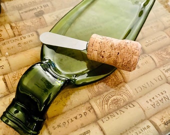 Melted Wine Bottle Cheese Plate, Flattened Slumped Wine Bottle, Unique Serving Glass Tray With Cork Knife, Wine Appetizer Plates For Gifts