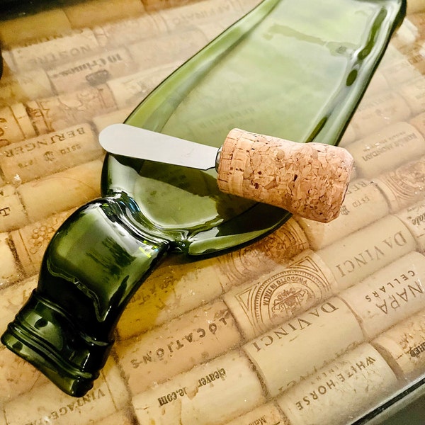Melted Wine Bottle Cheese Plate, Flattened Slumped Wine Bottle, Unique Serving Glass Tray With Cork Knife, Wine Appetizer Plates For Gifts