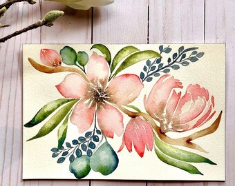 Wildflowers Roses Modern Design Peonies Bright Colors Abstract Flowers Hand Painted Floral Wall Art Original Watercolor Painting