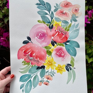 Modern Flower Painting, Watercolor, Floral Painting, Watercolor Flowers, Wall Art, Nursery Art, Pink Flowers, Rose Painting, Framed Art,