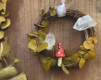 double quartz crystal mushroom wreath handmade grapevine wall hanging eucalyptus botanical home decor