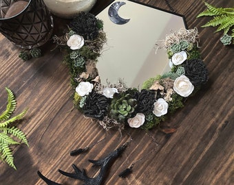 succulent floral mossy moon mirror crystals & antler hexagon wall hanging
