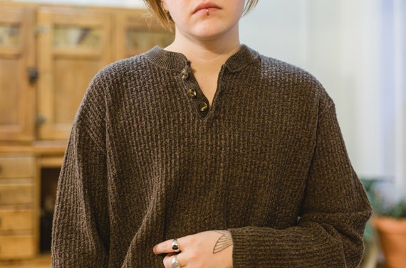 Textured Brown Knit Henley Sweater