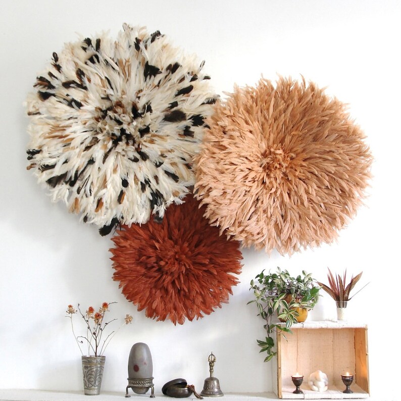 Trio African juju hat set l Peach juju hat l Rust Juju hat l Cream with brown sparkles juju hat feathers l Interior wall hangings l Juju hat image 1