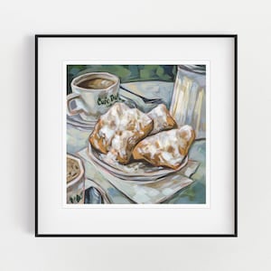 Minimalist Art Print New Orleans Art Kitchen Wall Art Original Colored Pencil Art of Coffee and Beignets Fine Art Print