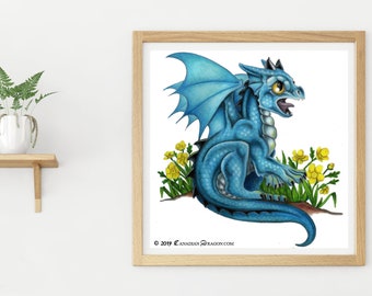 Cute Blue Dragon Art - PRINT / Poster of Cute Baby Dragon Art Wall Decor, Fantasy Art, Dragon Art, Fantasy Room, D&D Room Decor, Kids Room