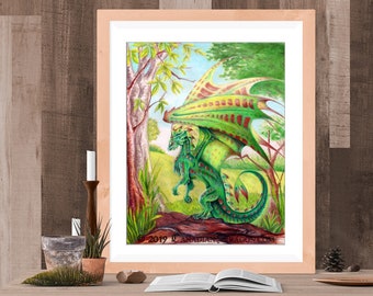 Green Dragon ORIGINAL Drawing  Wall Art Drawing -NOT A PRINT - of Green Dragon Game Room Wall Decor, Fantasy Art, Dragon Art, ooak art