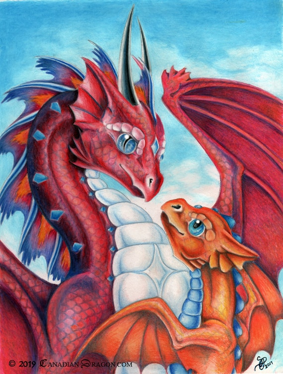 Mother and Baby Dragon Wall Art - PRINT / Poster Baby and Mother