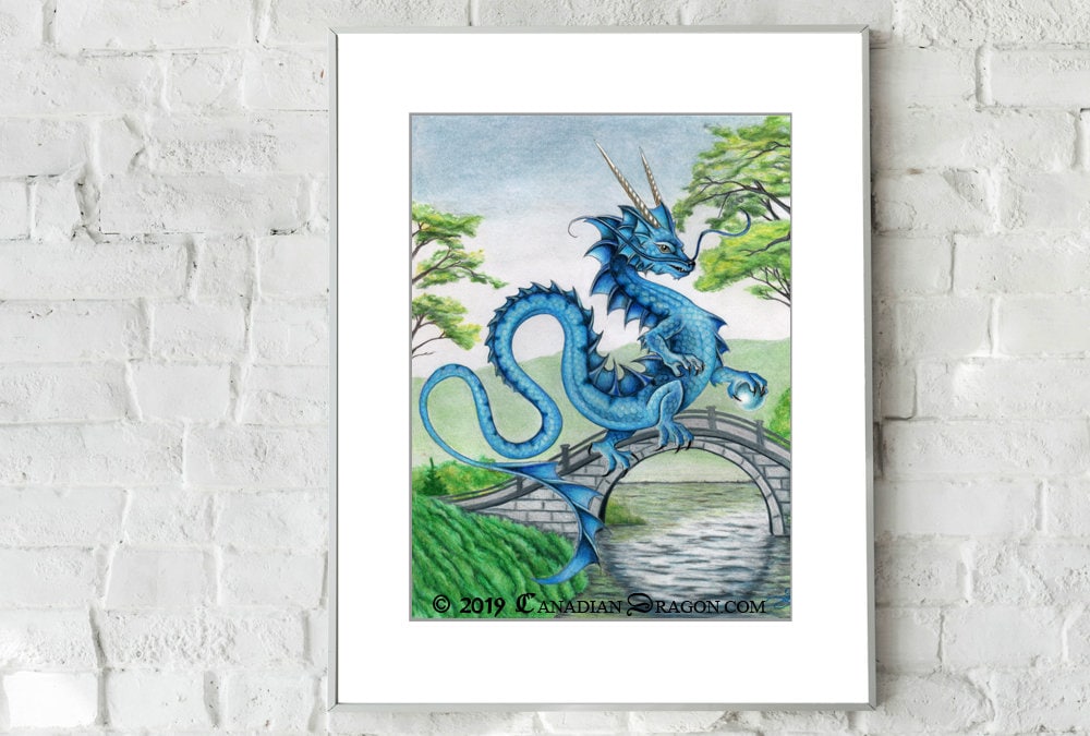 Blue Chinese Dragon ORIGINAL Drawing Art Drawing -NOT A PRINT - of