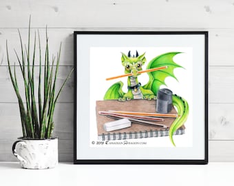 Cute Green Dragon Art - PRINT / Poster of Cute Dragon Art room Wall Decor, Fantasy Art, Dragon Art, Fantasy Room, D&D Room Decor, Kids Room