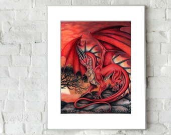Red Dragon ORIGINAL Drawing  Wall Art Drawing -NOT A PRINT - of Red Dragon at Sunset Game Room Wall Decor, Fantasy Art, Dragon Art, ooak art