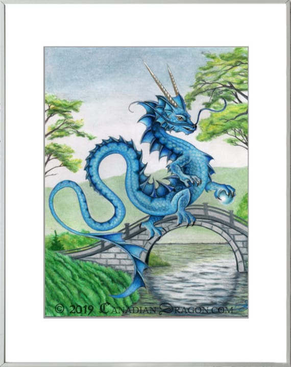 Blue Chinese Dragon ORIGINAL Drawing Art Drawing -NOT A PRINT - of