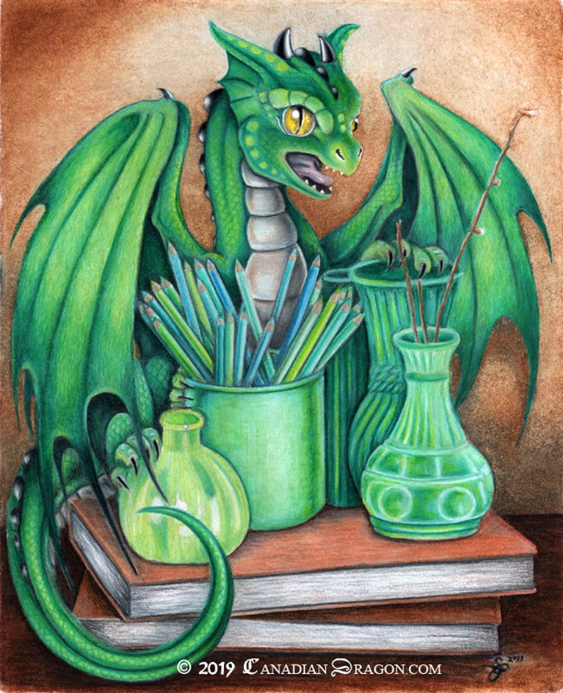 Cute Green Dragon Wall Art PRINT / Poster of Green Artsy Dragon Wall