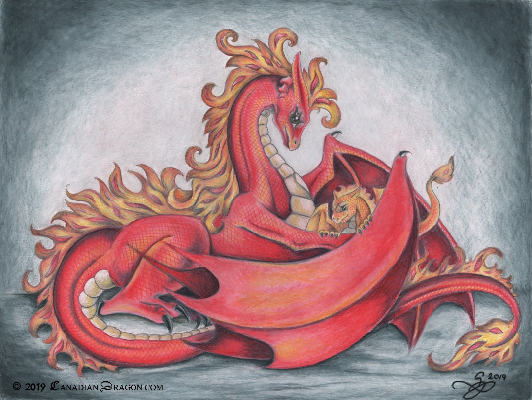 Mother and Baby Dragon Wall Art - PRINT / Poster Baby and Mother