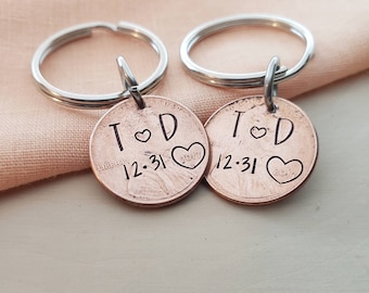 Penny keychain personalized with initials and dated-penny keychain matching gifts for couples-gifts for men, anniversary, valentines day