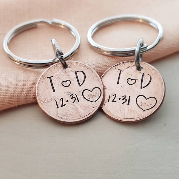 Penny keychain personalized with initials and dated-penny keychain matching gifts for couples-gifts for men, anniversary, valentines day