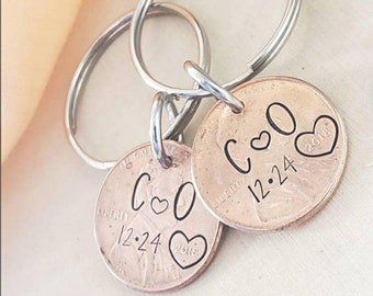 Personalized penny keychain-custom date personalized penny key rings-anniversary gift for him, husband, boyfriend-girlfriend, wife gifts