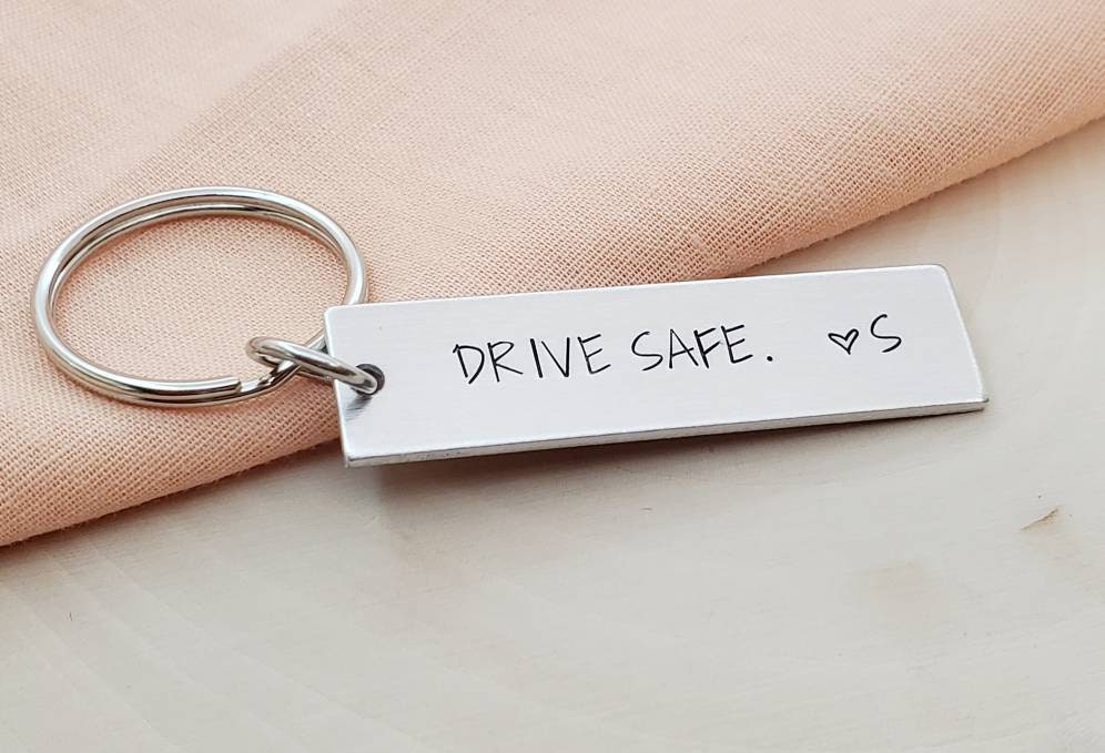 Drive safe keychain with custom stamped heart and initial-drive safe  keychain gift for boyfriend/girlfriend-drive safe gift for kids